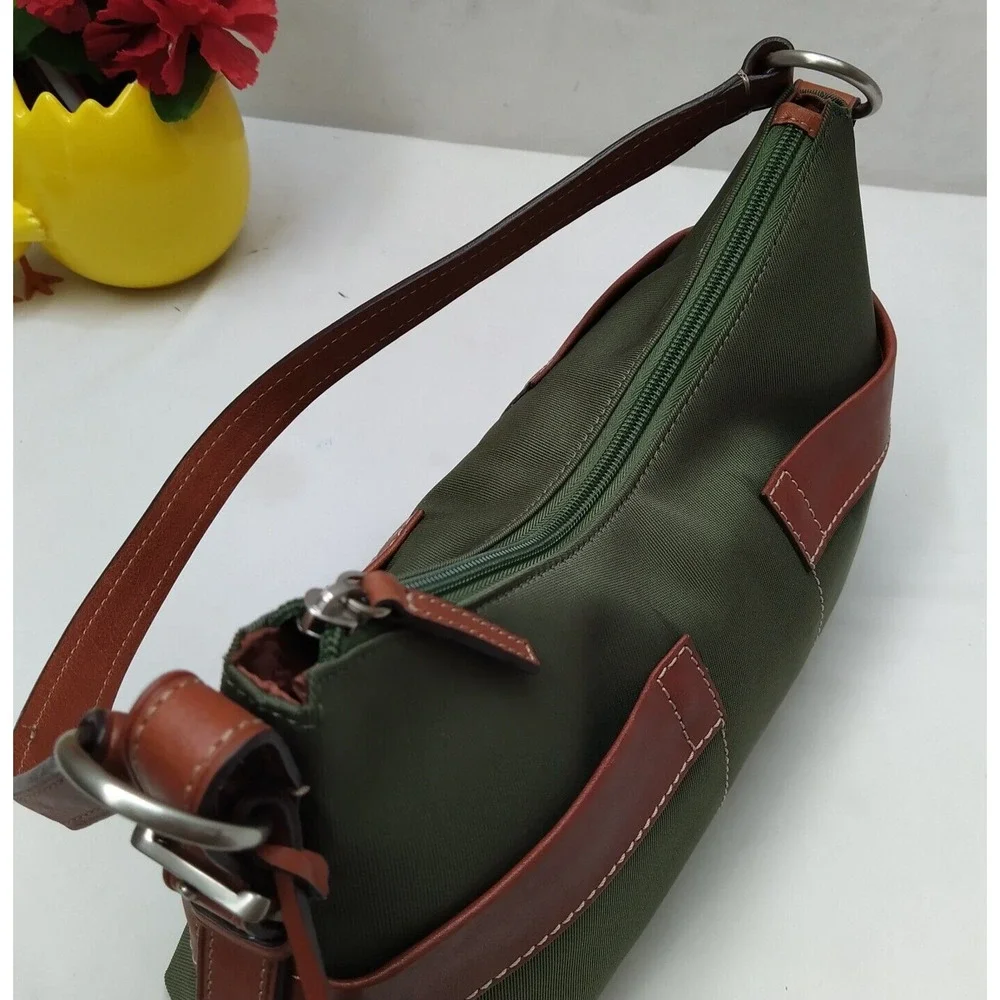 Fossil Oliver Green Nylon Leather Trim Zipper Closure Hobo Shoulder Bag